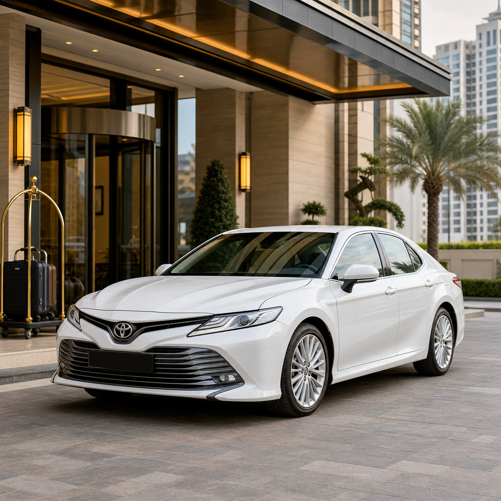 Premium white sedan parked near a modern hotel entrance