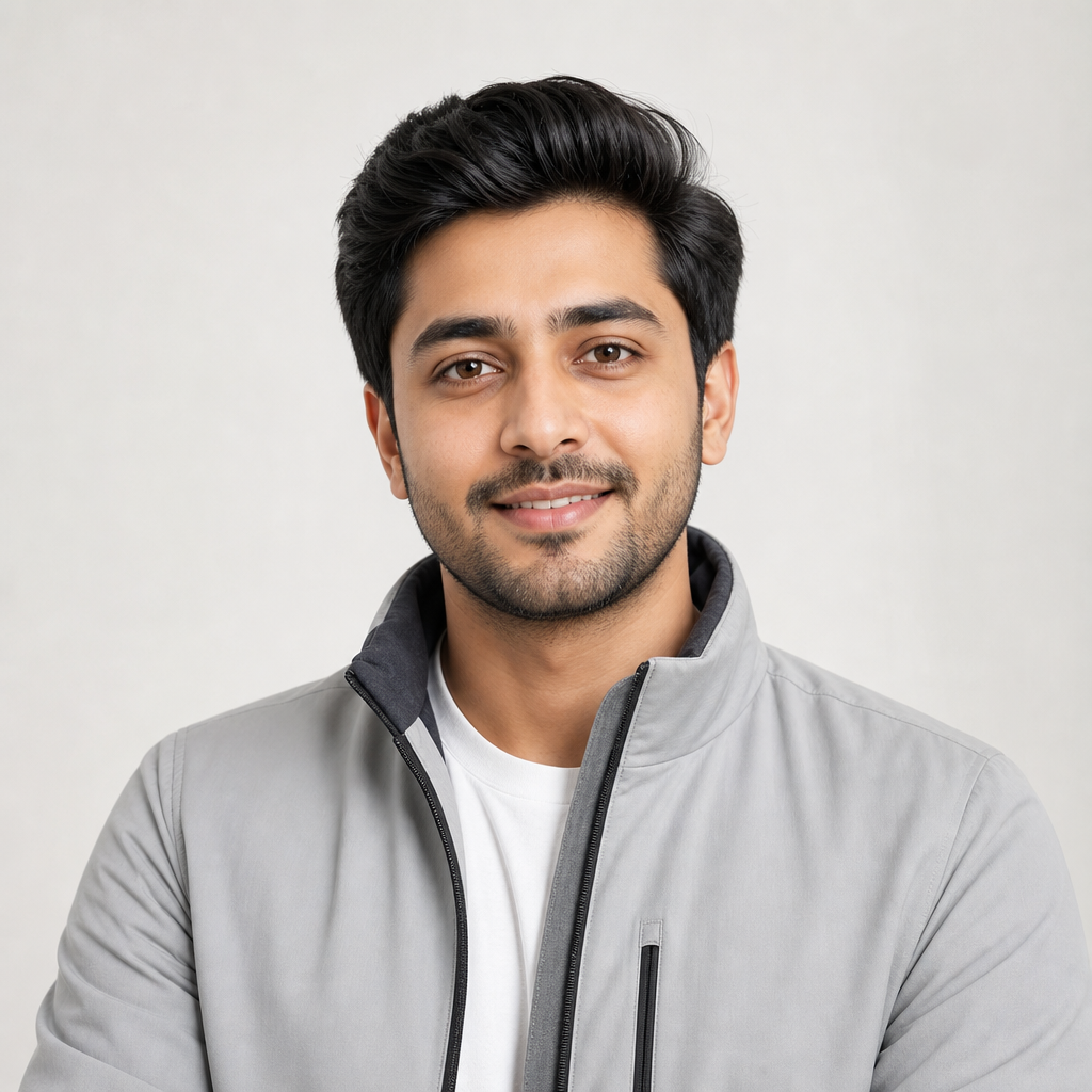 Young South Asian man with short black hair wearing a light gray travel jacket, friendly headshot