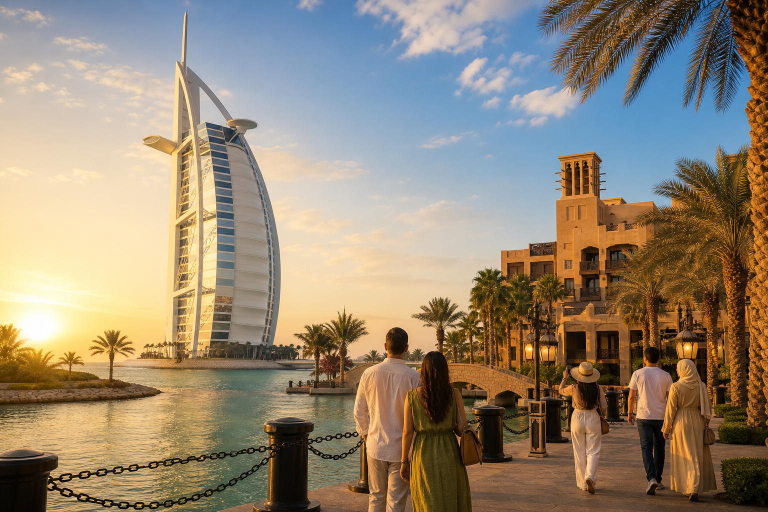 Iconic travel landmark with warm evening lighting and visitors