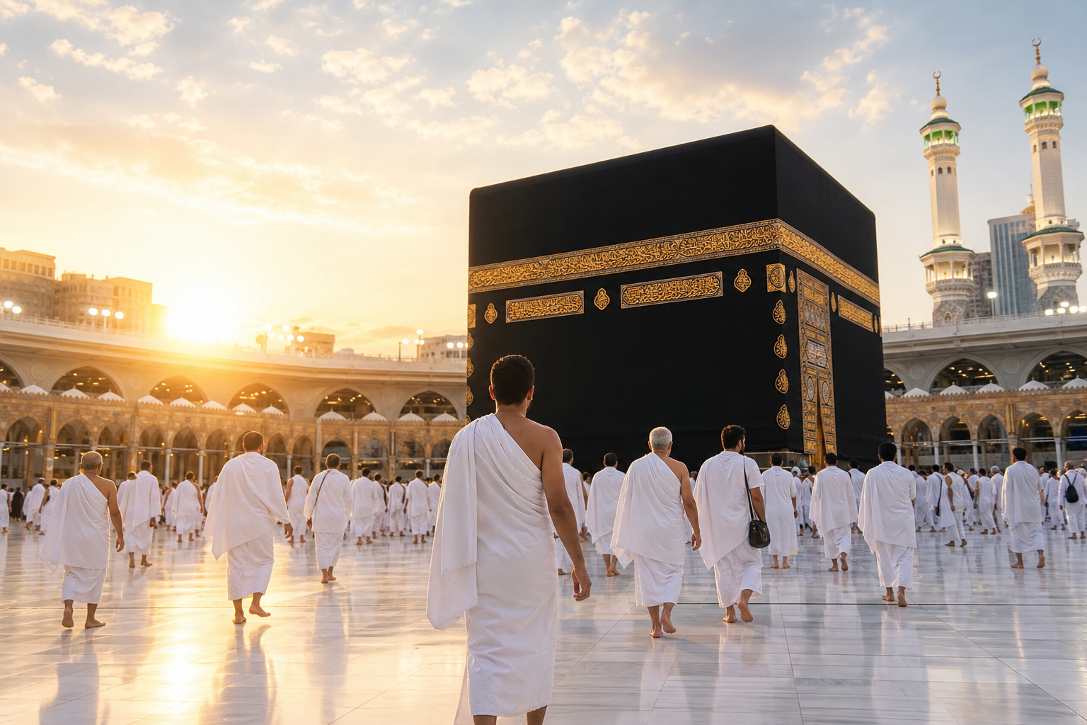 Pilgrims in white ihram garments walking near the Kaaba at dawn