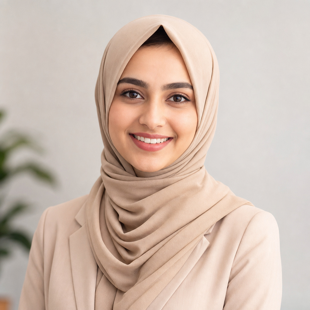 Smiling South Asian woman wearing a light beige hijab, professional headshot