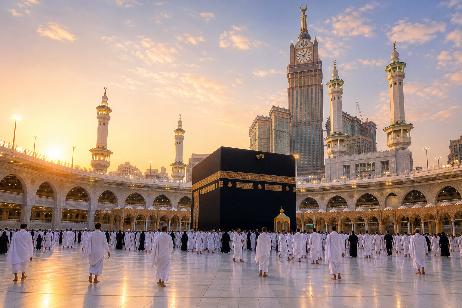 Elegant view of the Kaaba courtyard at dawn with soft golden light and pilgrims in white garments
