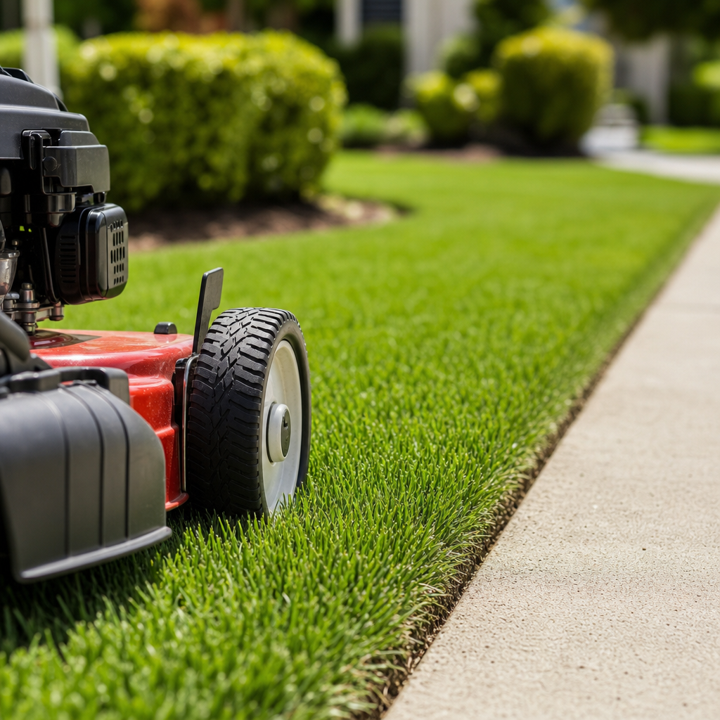 Close-up of clean lawn equipment and a tidy lawn edge
