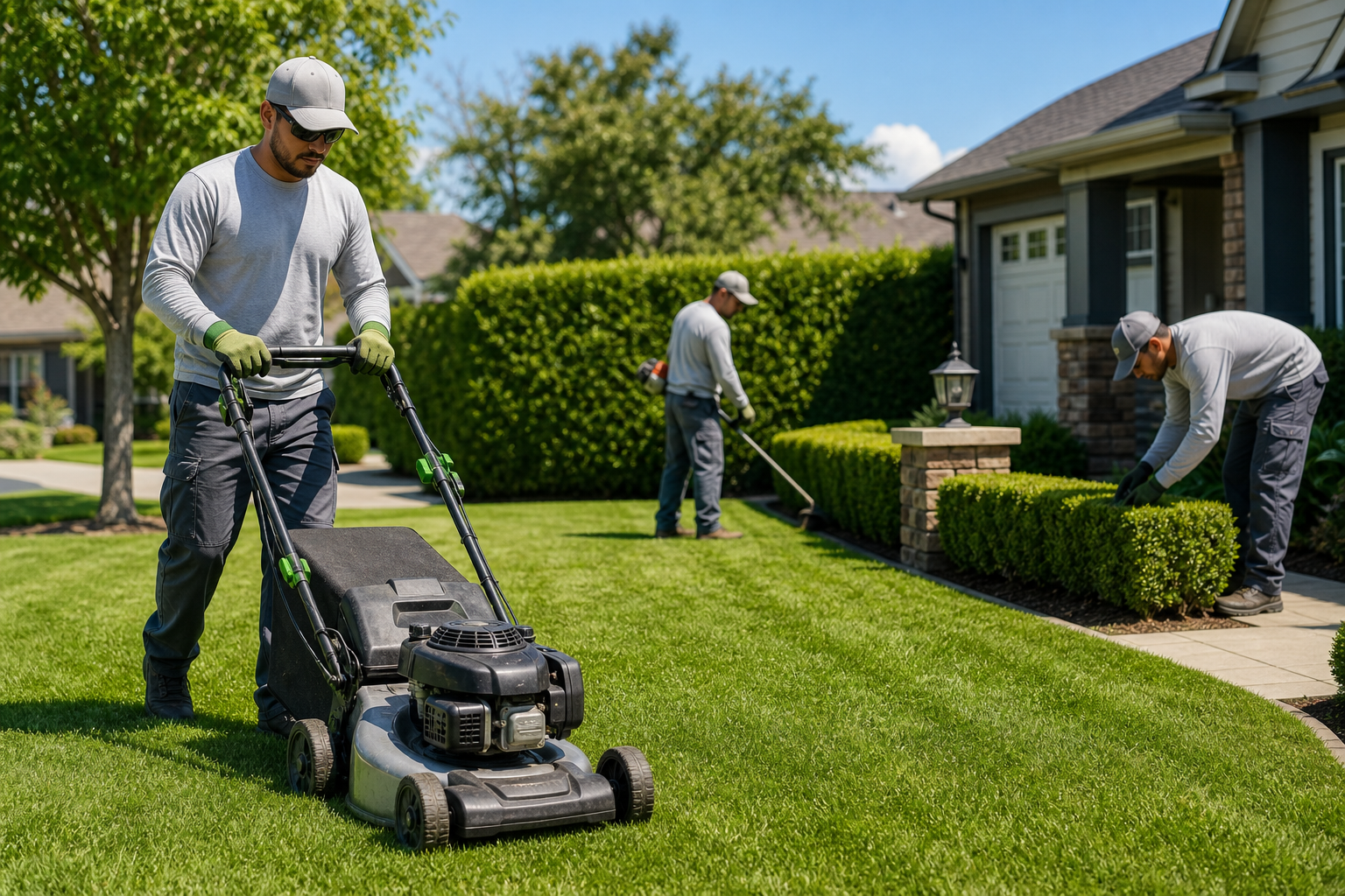 Lawn care crew finishing a neat mow in a sunny suburban yard