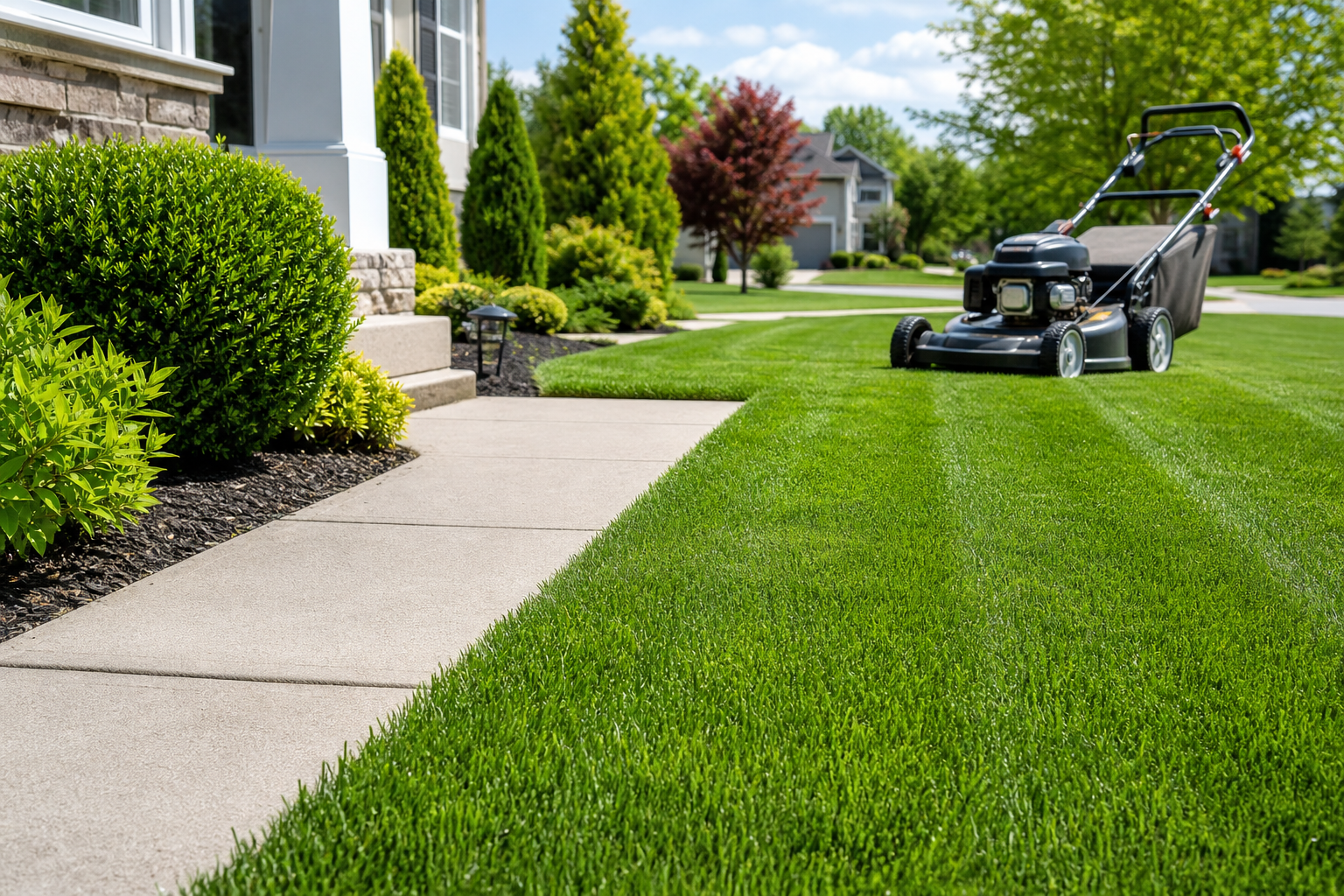 Freshly mowed suburban lawn with crisp edging, trimmed shrubs, and a professional mower in the distance on a sunny day