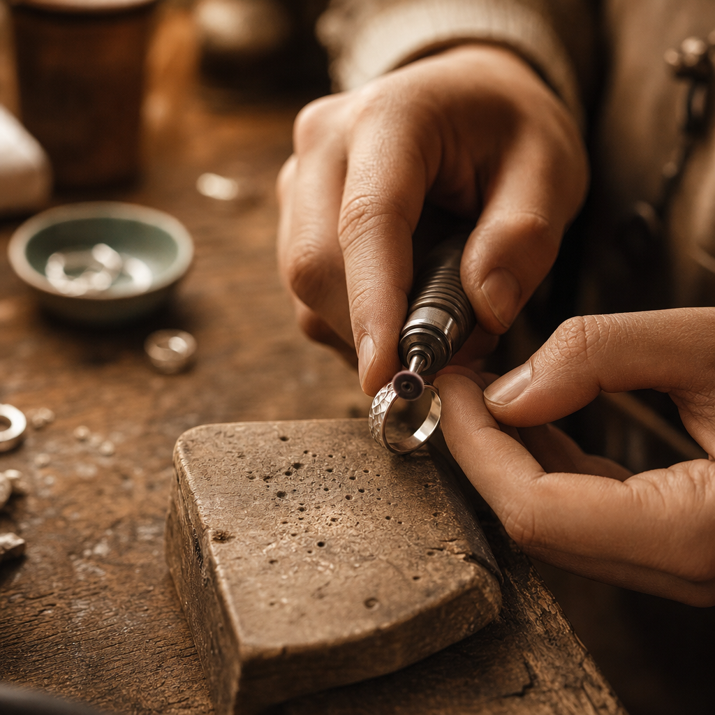 Close-up of artisan hands polishing a handmade silver ring with a small tool in warm workshop light