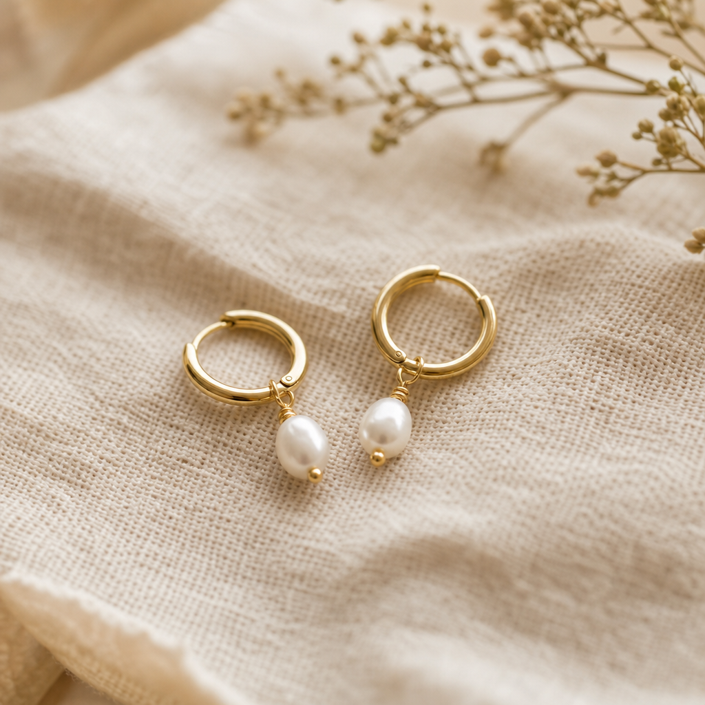 Small gold hoop earrings with pearl drops