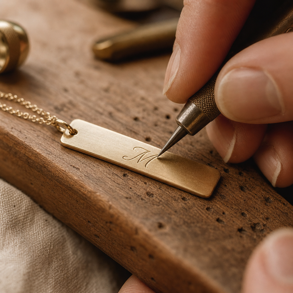 Hand engraving a script initial into a gold pendant