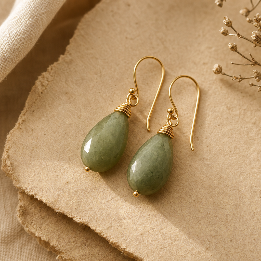 Pair of sage-green stone drop earrings resting on warm tan textured paper