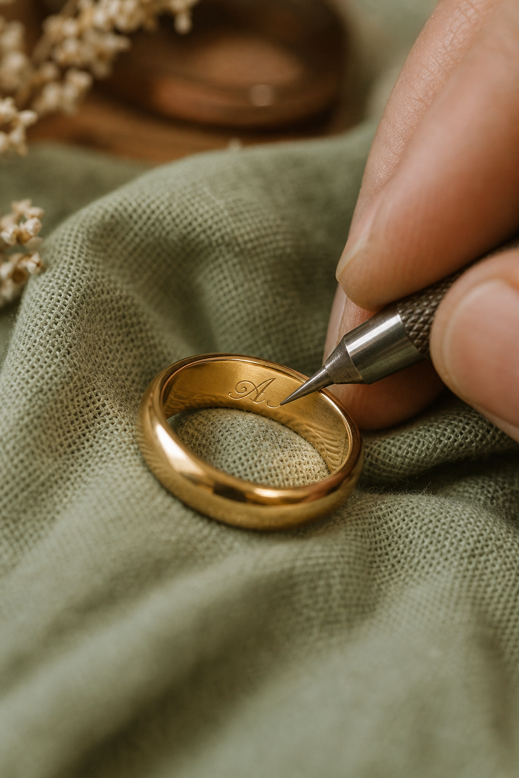 Artisan hand-engraving a personalized script onto a gold ring band