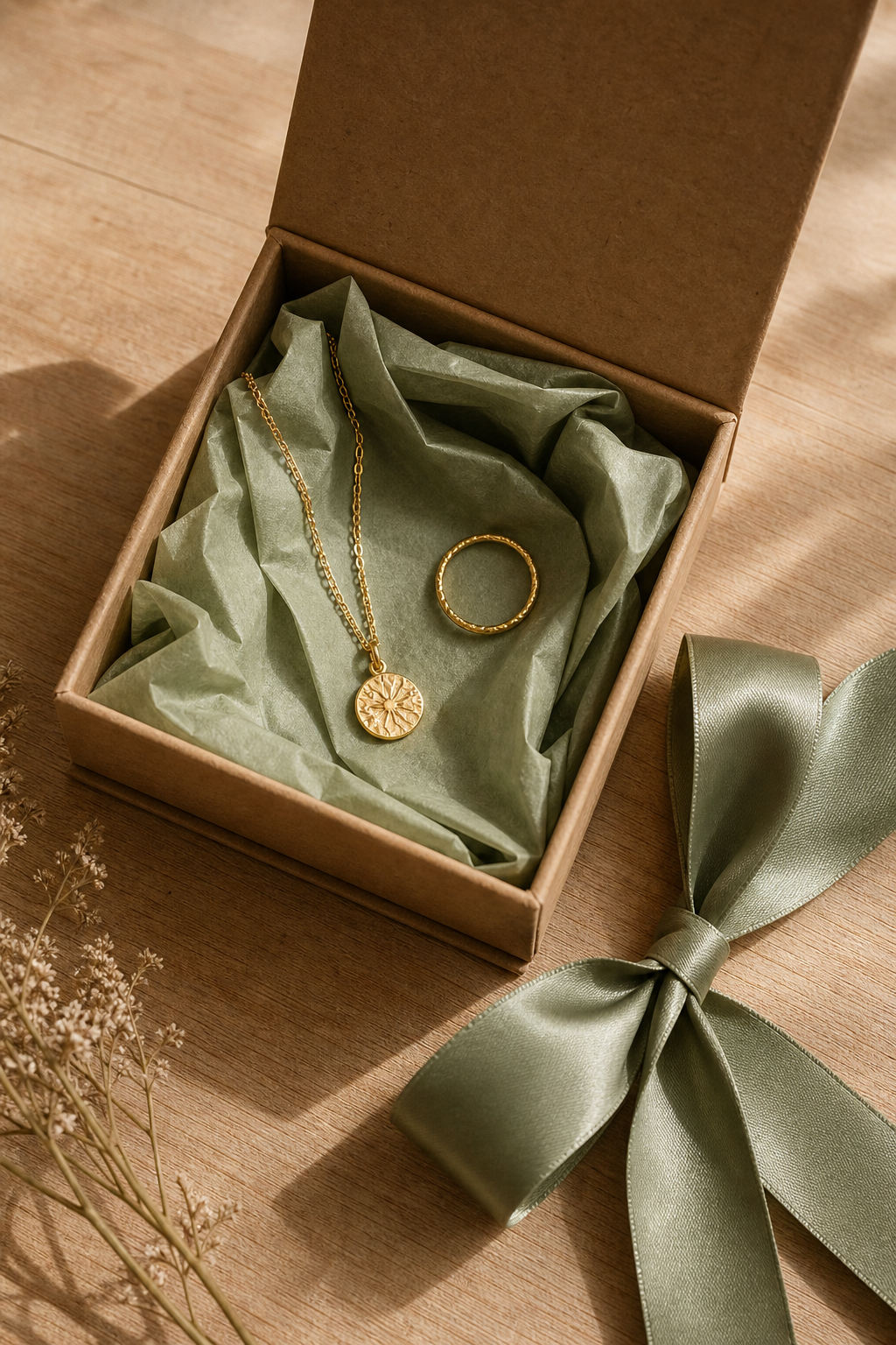 Top-down view of an open kraft gift box lined with sage green tissue paper holding a gold necklace and ring, tied with a sage ribbon bow