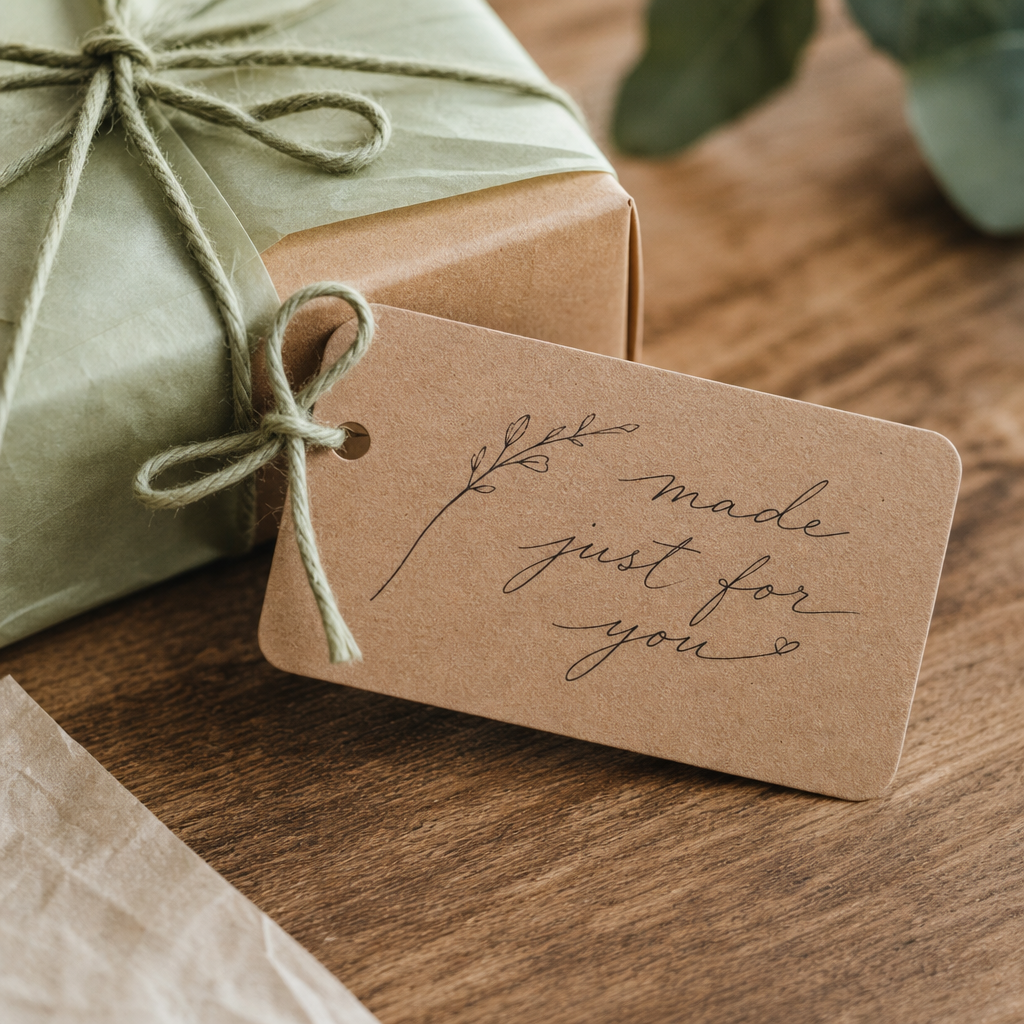 Handwritten kraft paper gift note tied with sage green twine to a small gift box