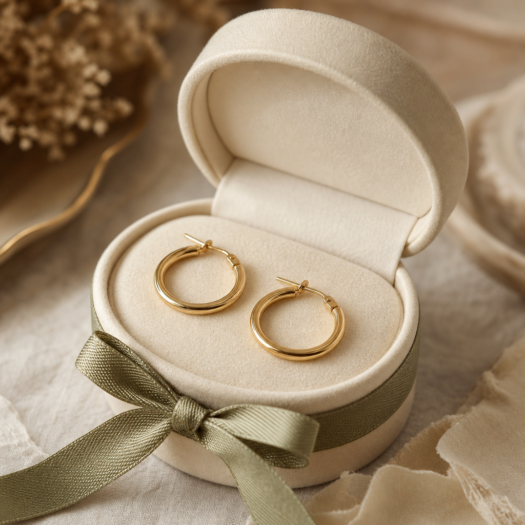 Close-up of a small cream jewelry box open to reveal gold hoop earrings, wrapped with a sage green ribbon