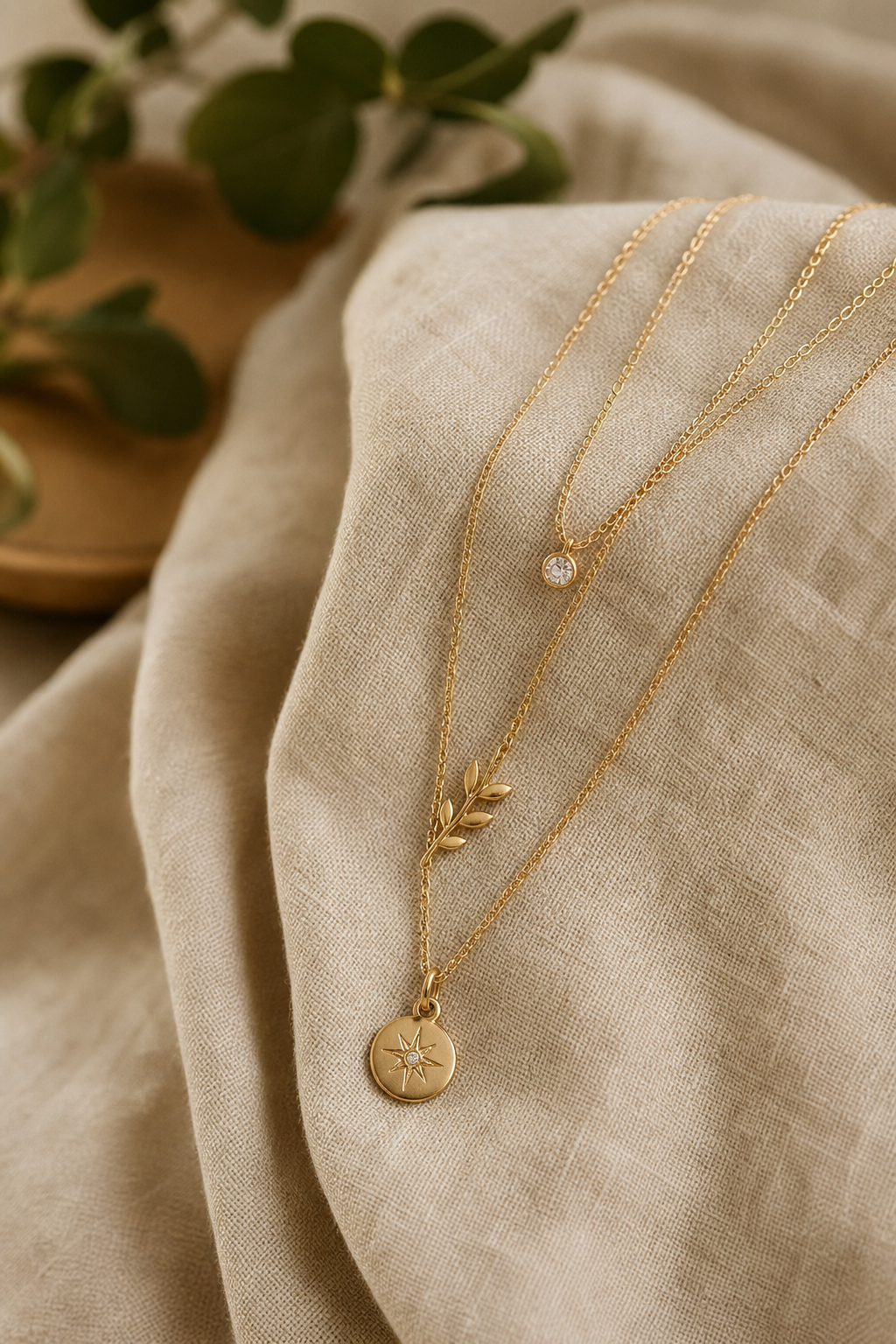 Layered gold necklaces with delicate pendants draped elegantly on soft linen fabric