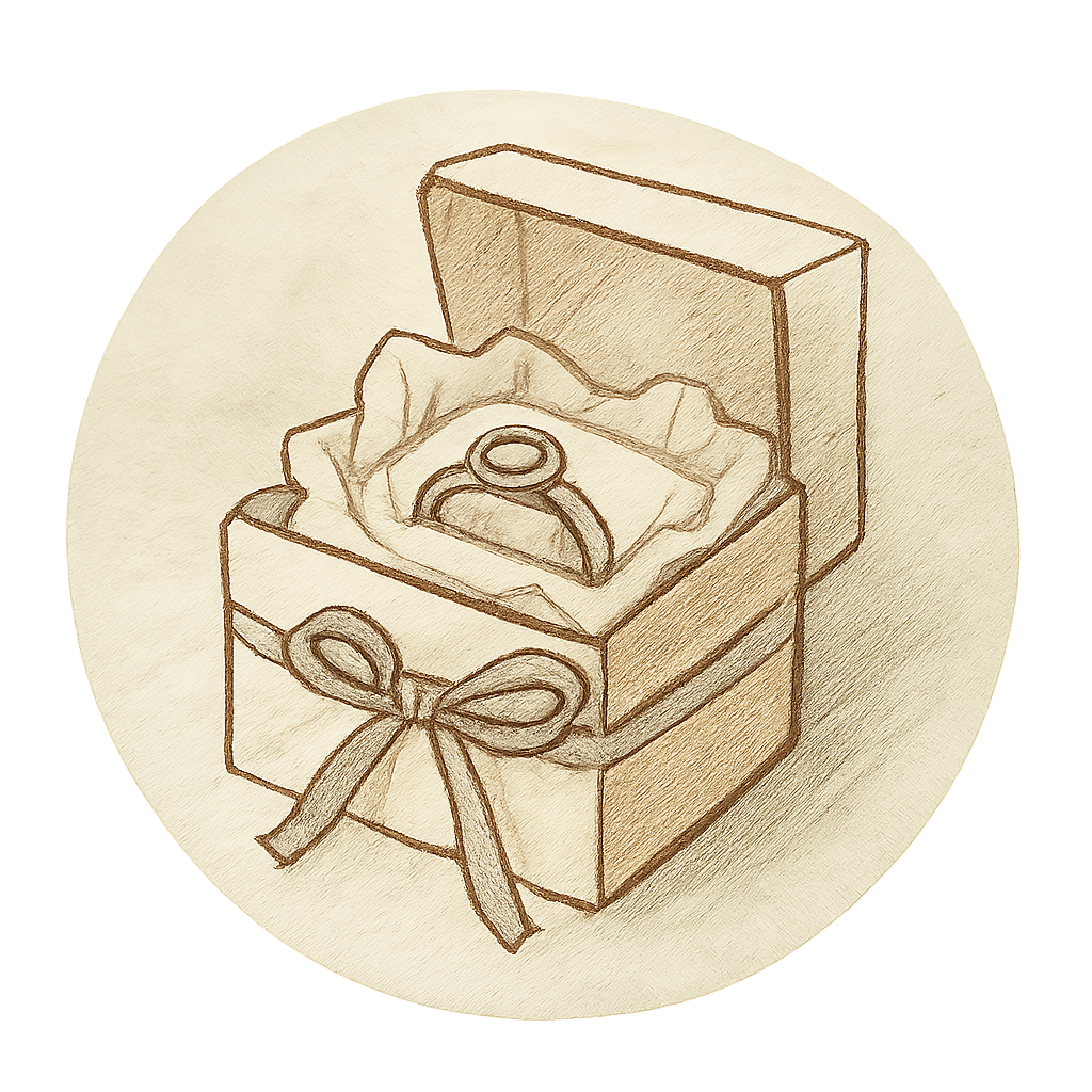 Illustration of a small gift box with tissue paper and a ring tied with ribbon