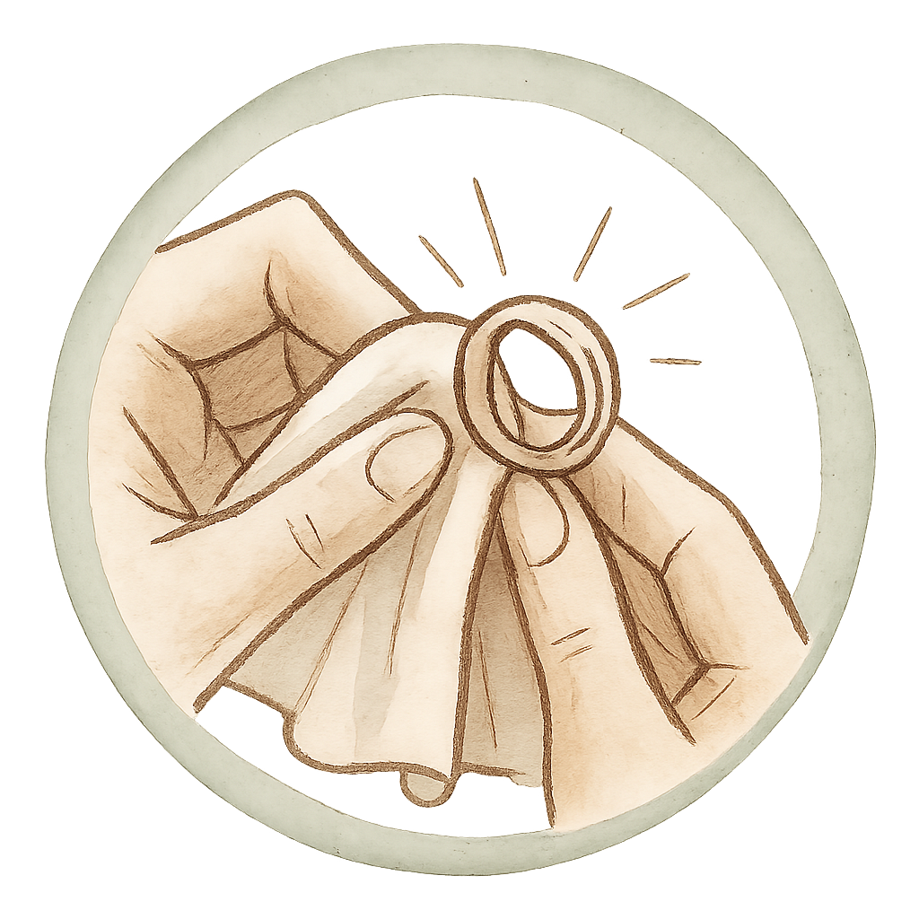 Illustration of a hand polishing a silver ring with a soft cloth