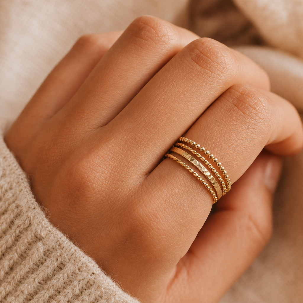 Close-up of a hand wearing a stack of thin handmade gold rings