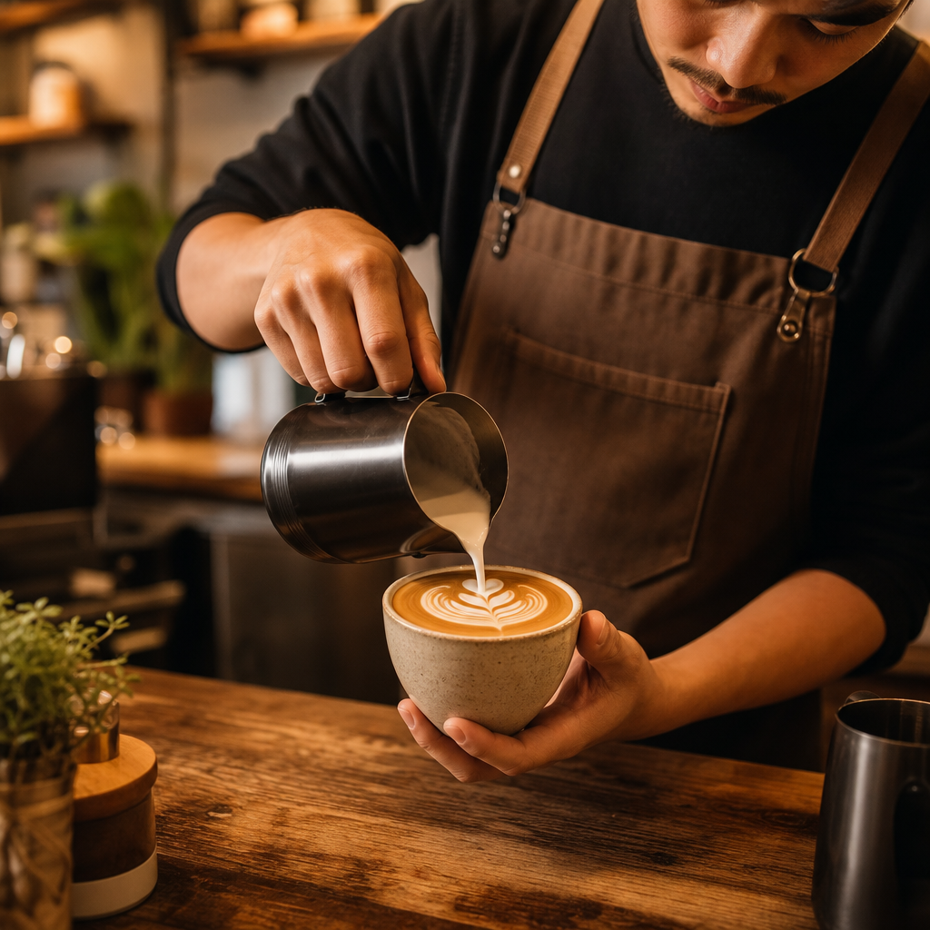 Barista pouring latte art into a ceramic cup on a wooden counter with warm cafe9 lighting and blurred shelves in the background