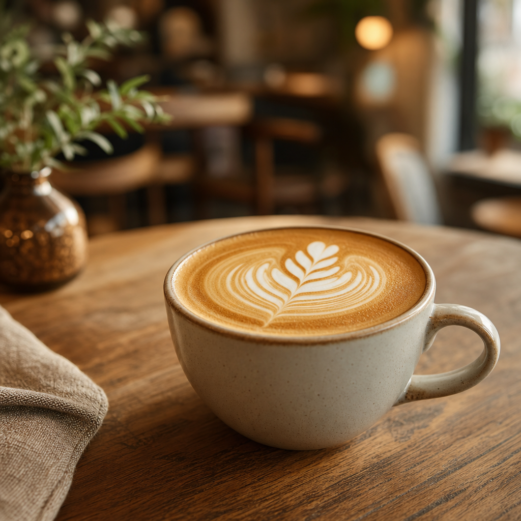 Creamy latte in a ceramic cup with latte art on a wooden cafe9 table