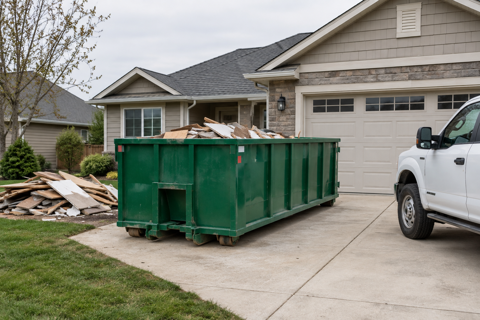 A clean roll-off dumpster placed in a residential driveway beside a small renovation cleanup, with a service truck nearby on an overcast day.