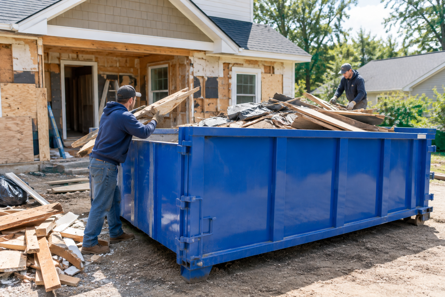 Blue roll-off dumpster in a realistic home renovation cleanup setting with workers loading debris on a sunny local residential street