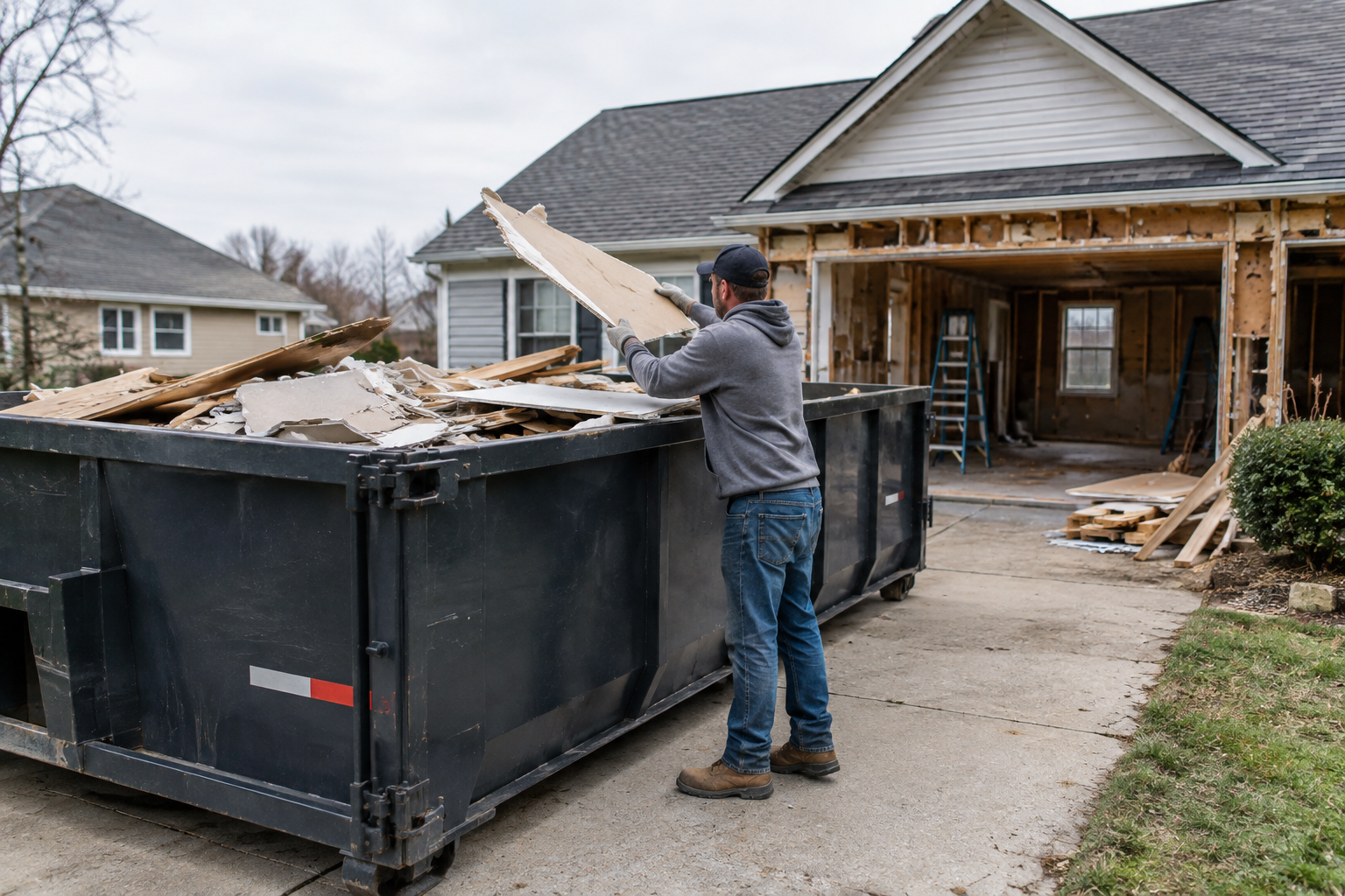 Local contractor loading renovation debris into a roll-off dumpster beside a home