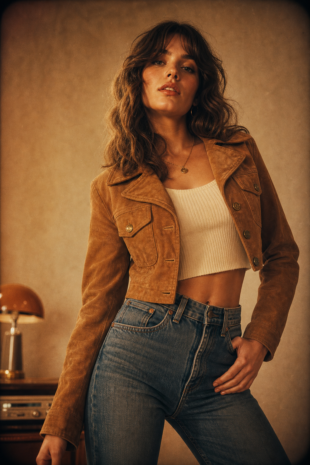 A stylish vintage model wearing a cropped suede jacket and high-waisted denim, photographed in warm film lighting with a soft grainy finish.