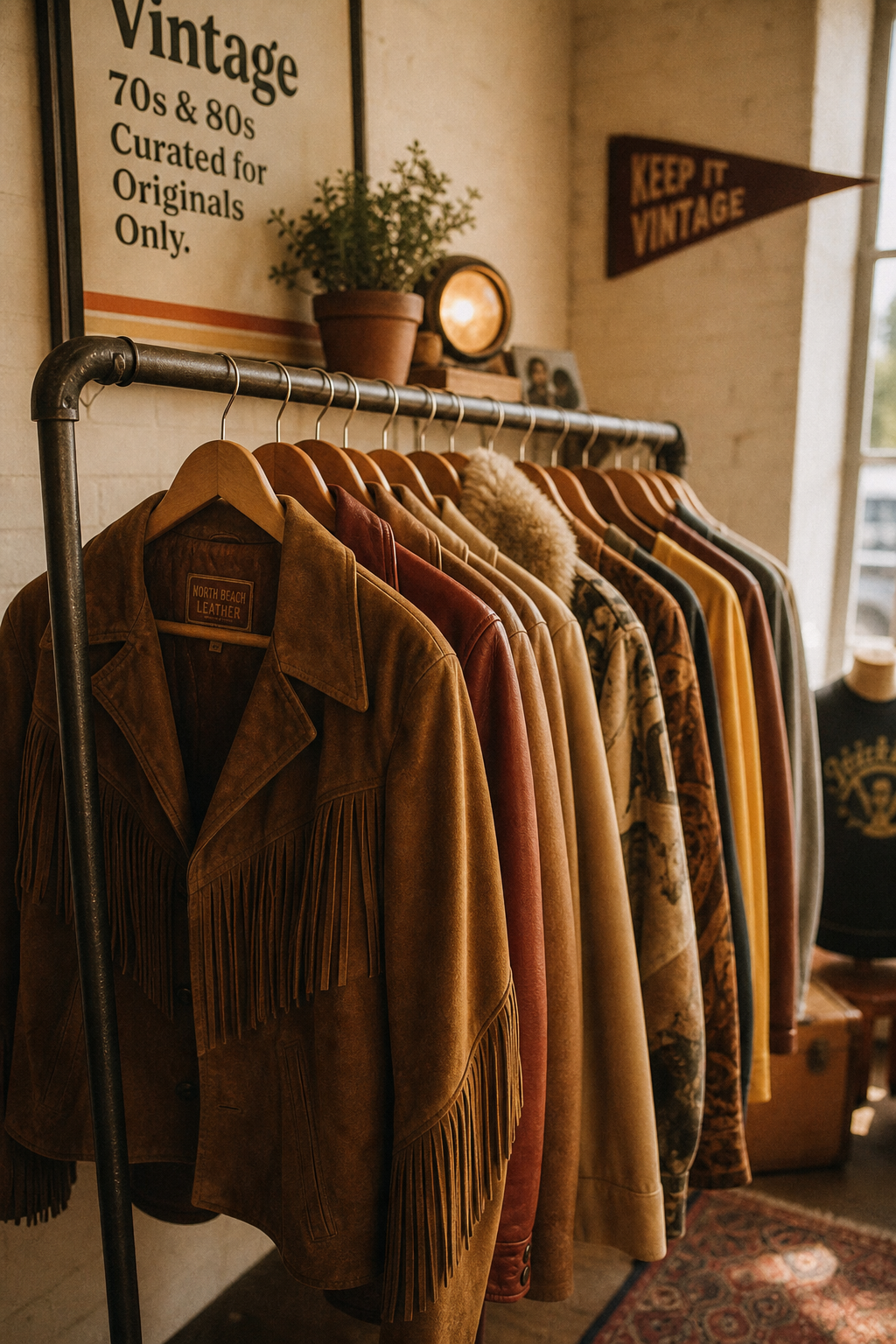 Warm film-style photo of a vintage clothing rack with 70s and 80s jackets in earthy tones inside a boutique
