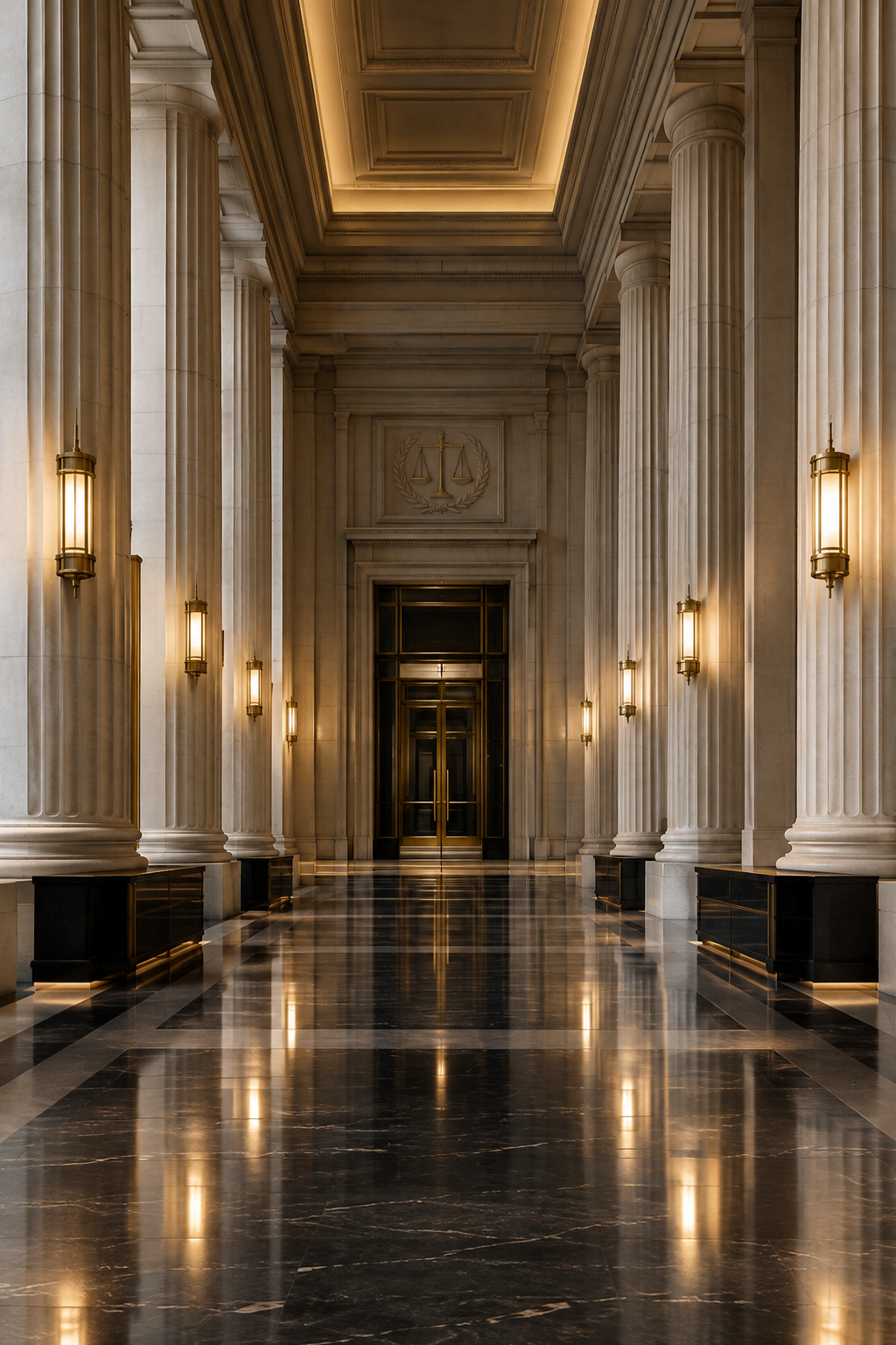 Elegant courthouse interior with tall stone columns, warm brass lighting, and refined architectural symmetry