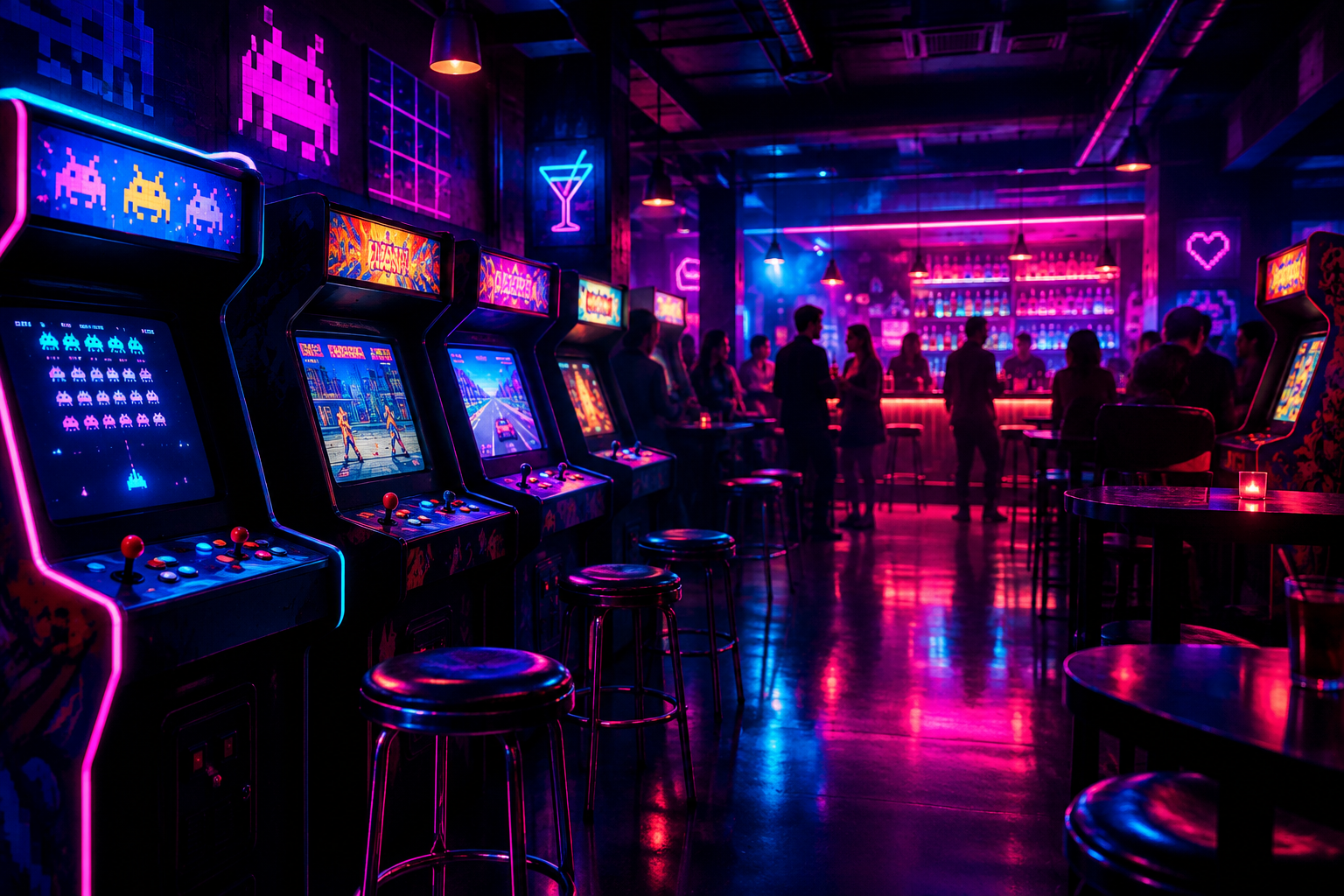Moody neon-lit arcade bar interior with glowing cabinets, cocktail bar lights, and a lively late-night social atmosphere