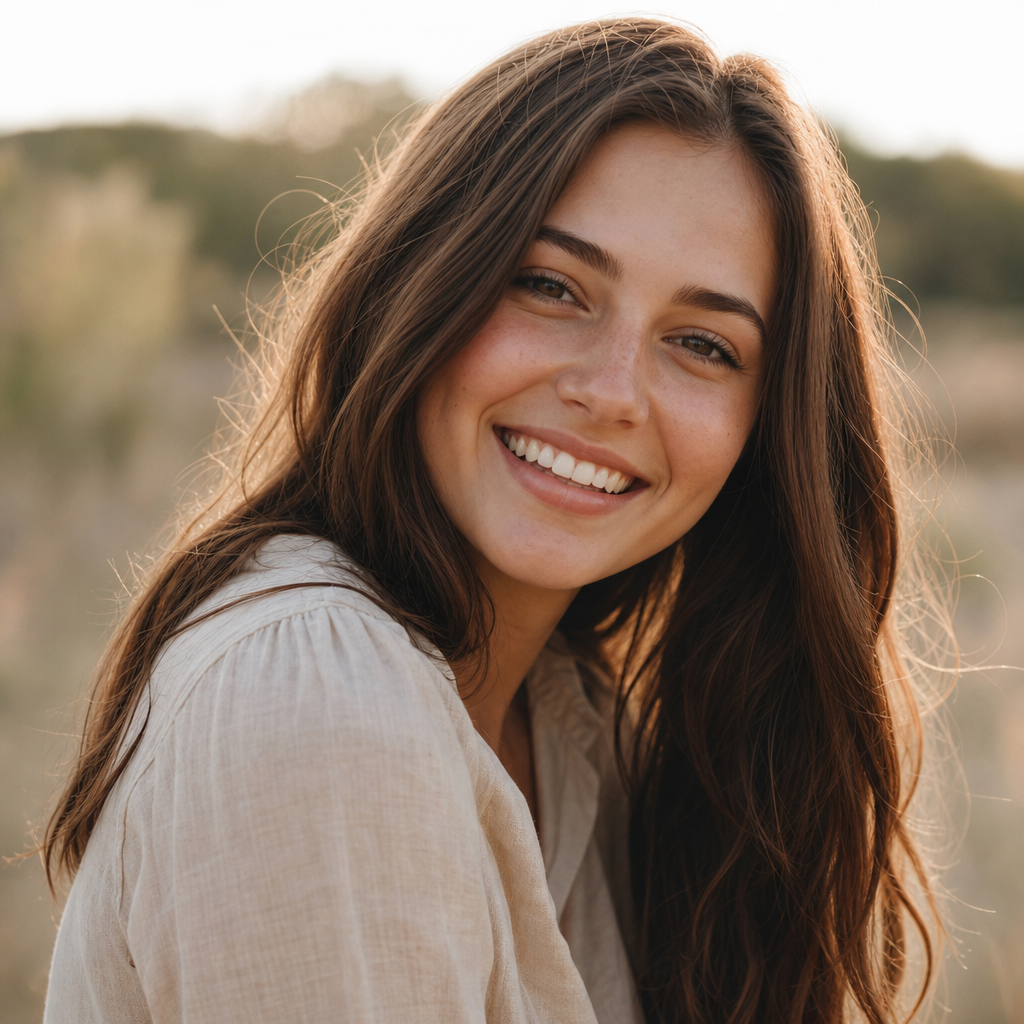 Smiling young woman with long chestnut hair in warm natural light