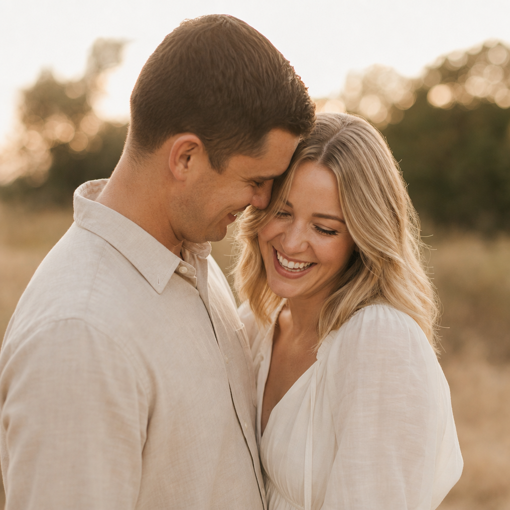 Couple laughing together, man with short dark hair and woman with shoulder-length blonde hair