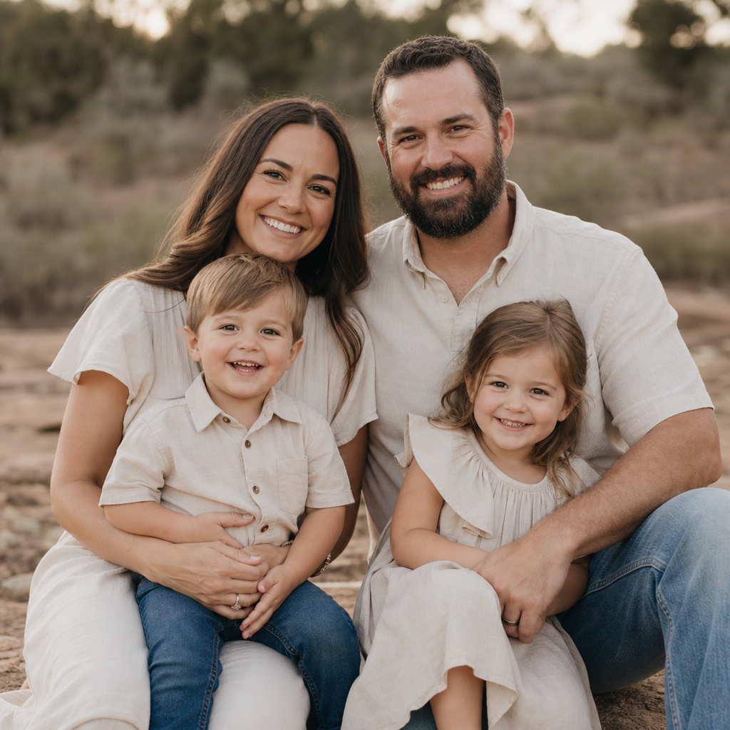 Family portrait with a mother, father, and two children in soft daylight