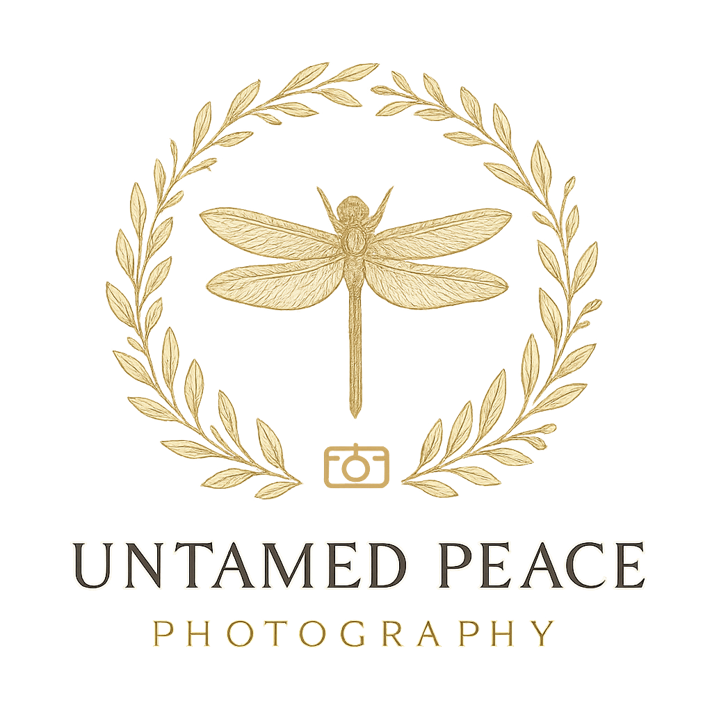 Untamed Peace Photography logo with dragonfly and botanical circular emblem