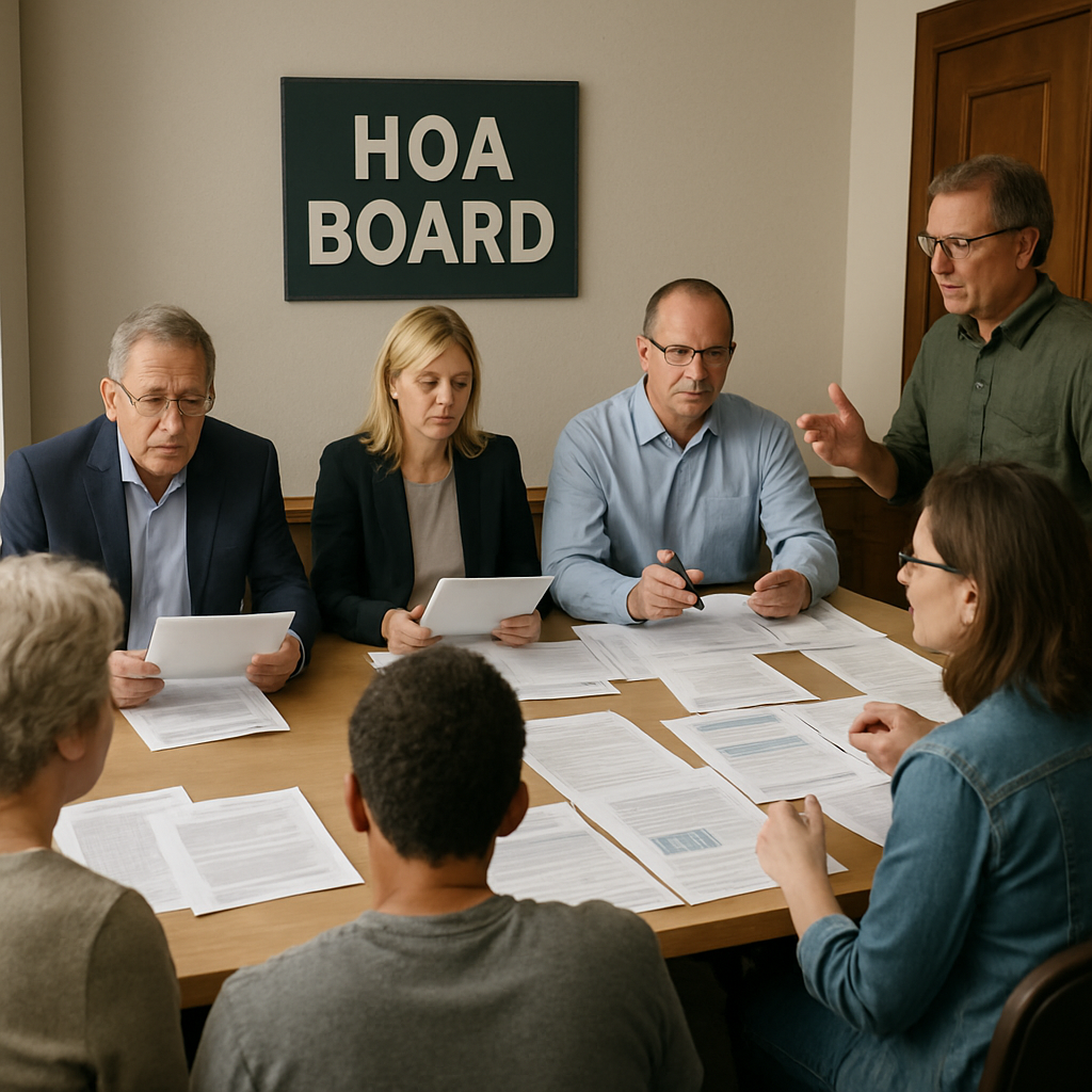 HOA board meeting with documents and concerned homeowners