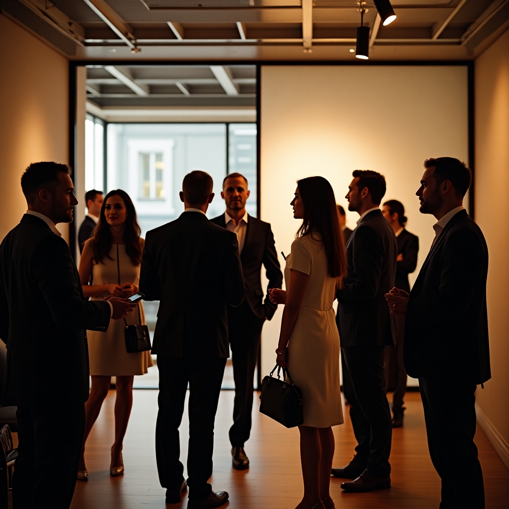 Elegant evening wedding reception with a couple dancing under warm lights in a modern venue