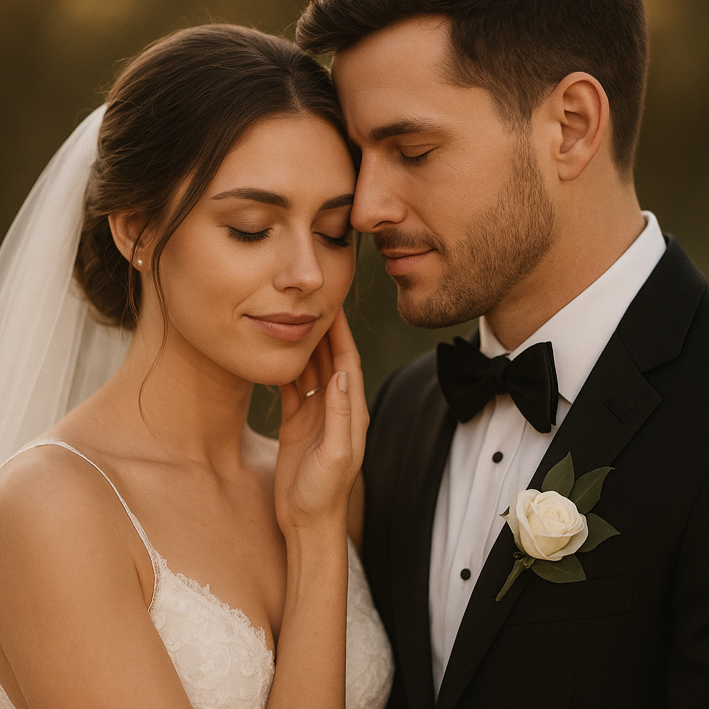 Elegant evening wedding reception with a couple dancing under warm lights in a modern venue