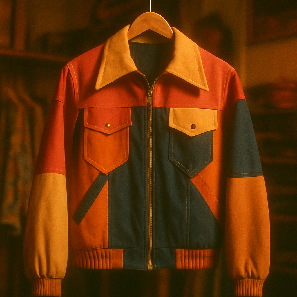 Warm film photo of a colorful 70s vintage jacket on a wooden hanger