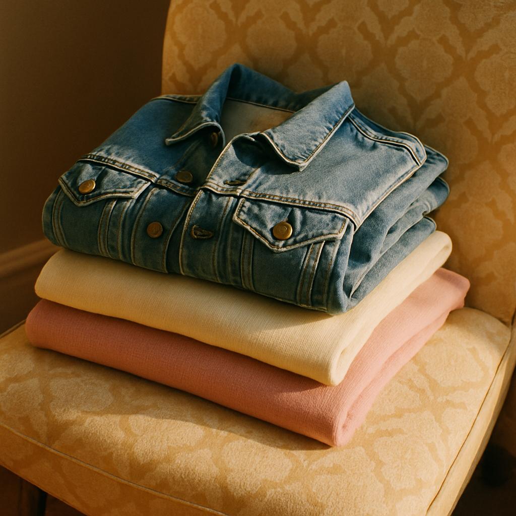 Sunlit 80s denim jackets and pastel sweaters folded on a retro patterned chair, film photo