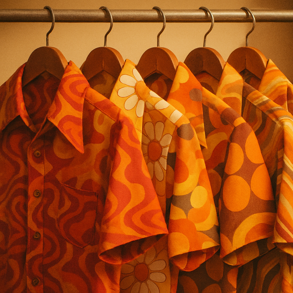 Closeup of a rack of bold patterned shirts, 70s style, with soft film grain