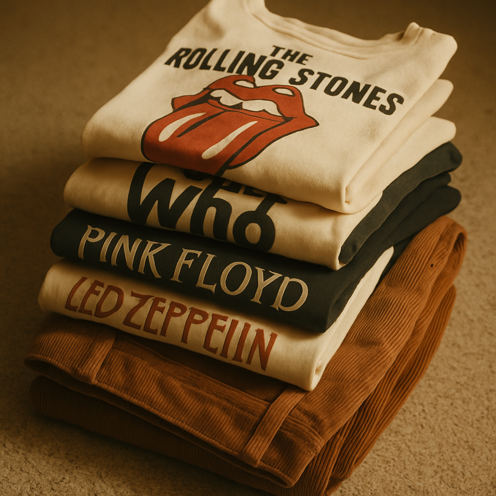 Stack of vintage band tees and corduroy pants, warm nostalgic tones, film look