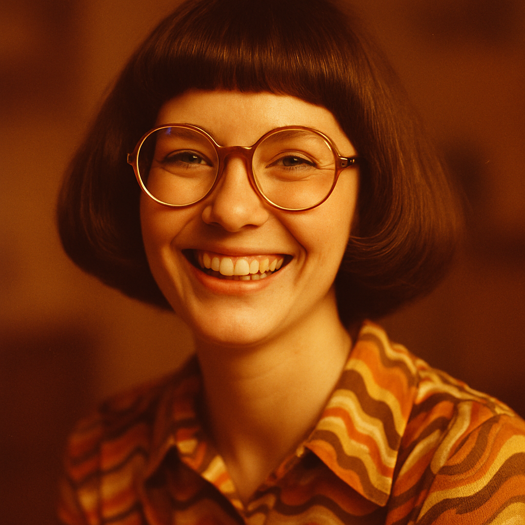 Smiling woman with a 70s bob haircut, wearing large round glasses, retro and playful, warm lighting