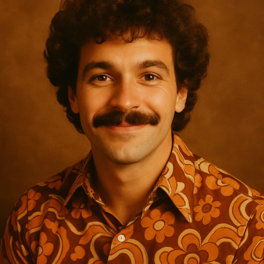 Man with curly hair and a mustache, wearing a patterned shirt, 80s retro, warm film look