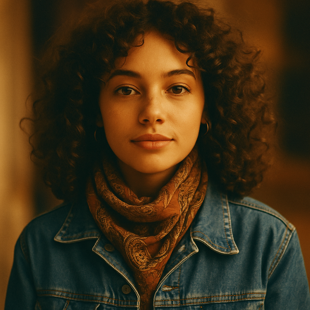 Young woman with curly hair, wearing a denim jacket and patterned scarf, retro style, film tones