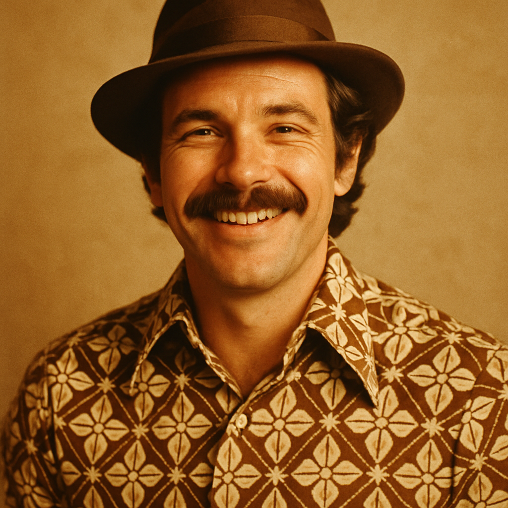 Man with a mustache, wearing a patterned shirt and fedora, smiling, 70s style, film look