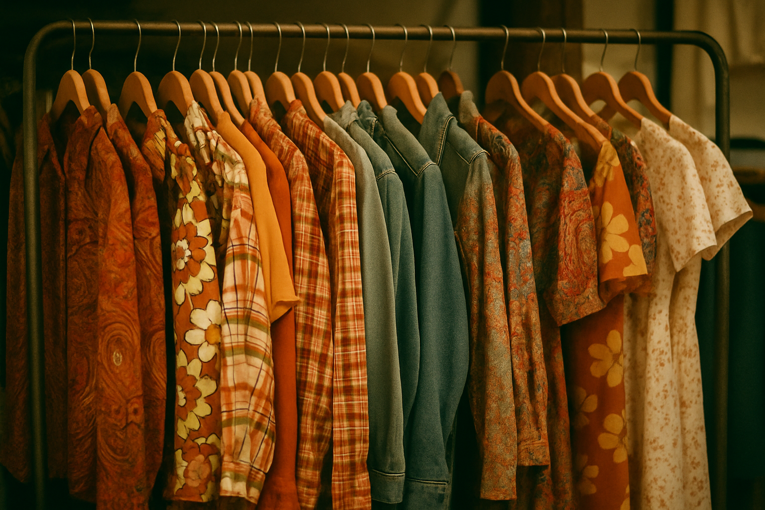 Colorful vintage clothing rack in warm film photo style, 70s and 80s retro fashion