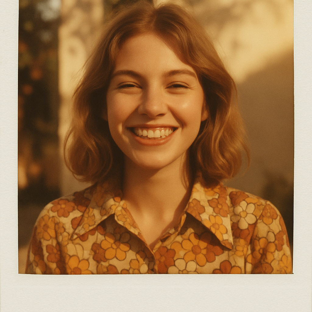 Polaroid-style film photograph of a smiling young woman in a retro floral blouse, warm vintage tones, nostalgic and inviting mood