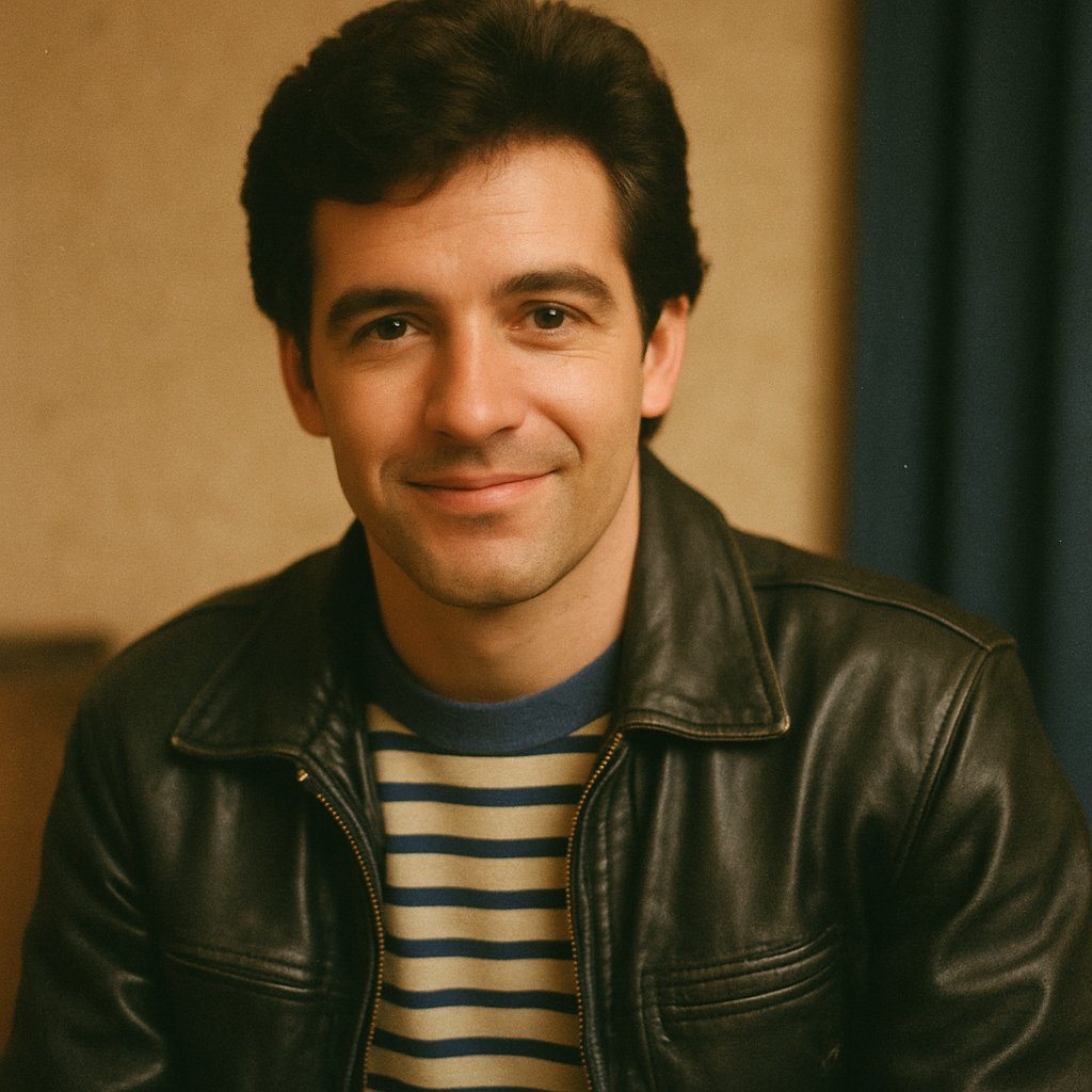 Film photo of a man in a leather jacket and striped shirt, 80s style, warm nostalgic colors
