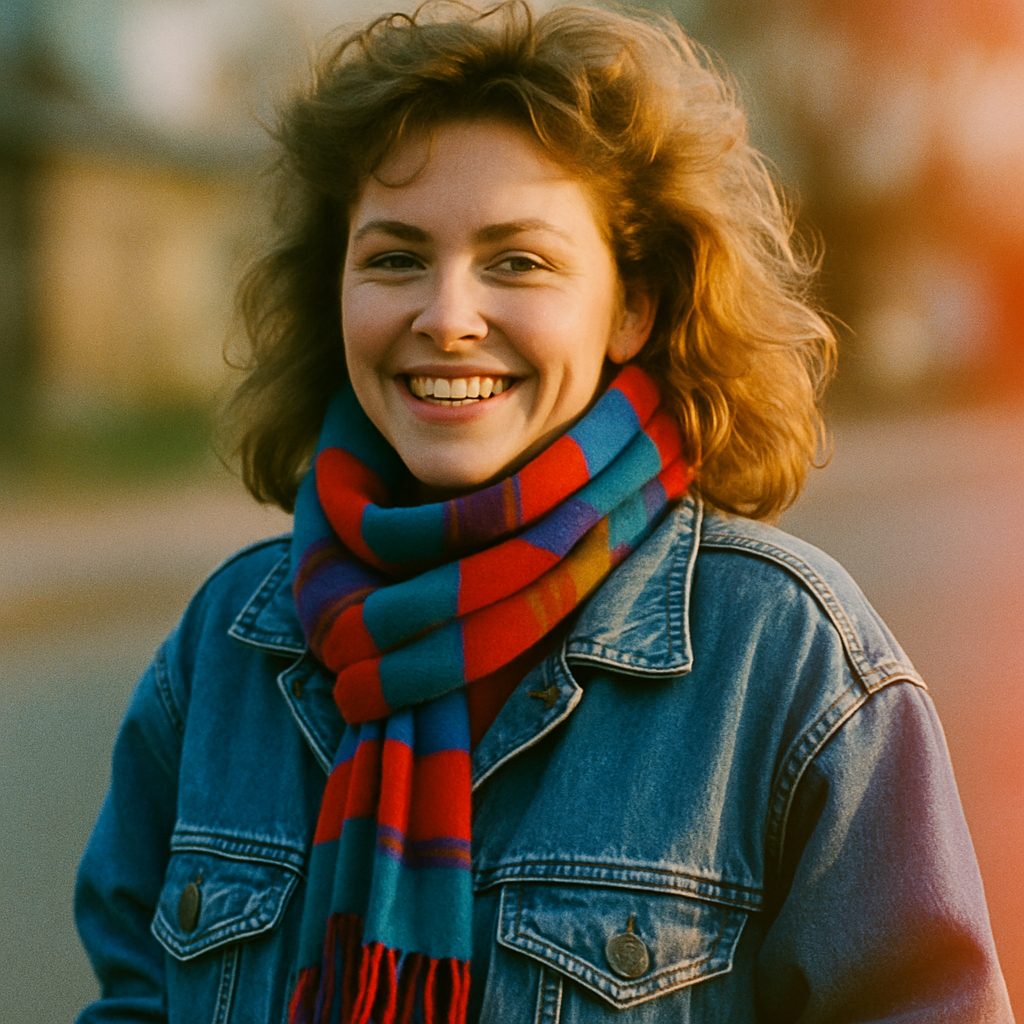 Film photo of a woman in oversized denim jacket and colorful scarf, 80s look, cheerful, warm sunlight