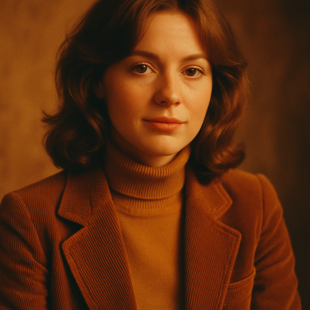 Film photo of a woman in a corduroy blazer and turtleneck, 70s style, warm retro palette